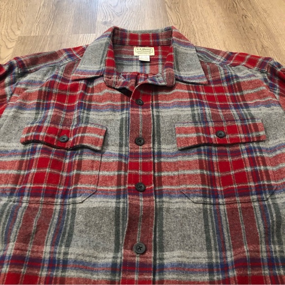 L.L. Bean 1933 Signature Chamois Cloth Plaid Button Gray Red Fit Men’s XL Tall - Picture 2 of 3